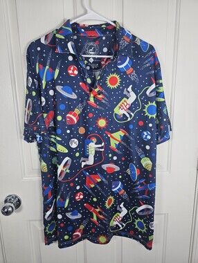 Proud 90 golf polo shirt features a vibrant space-themed Size L